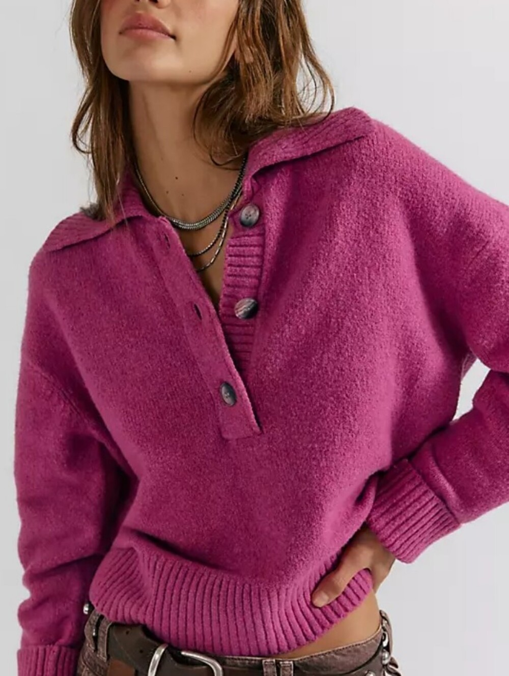 NWT Free People Purple Polo Sweater Knit Long Sleeve Top Boho Size M Pullover